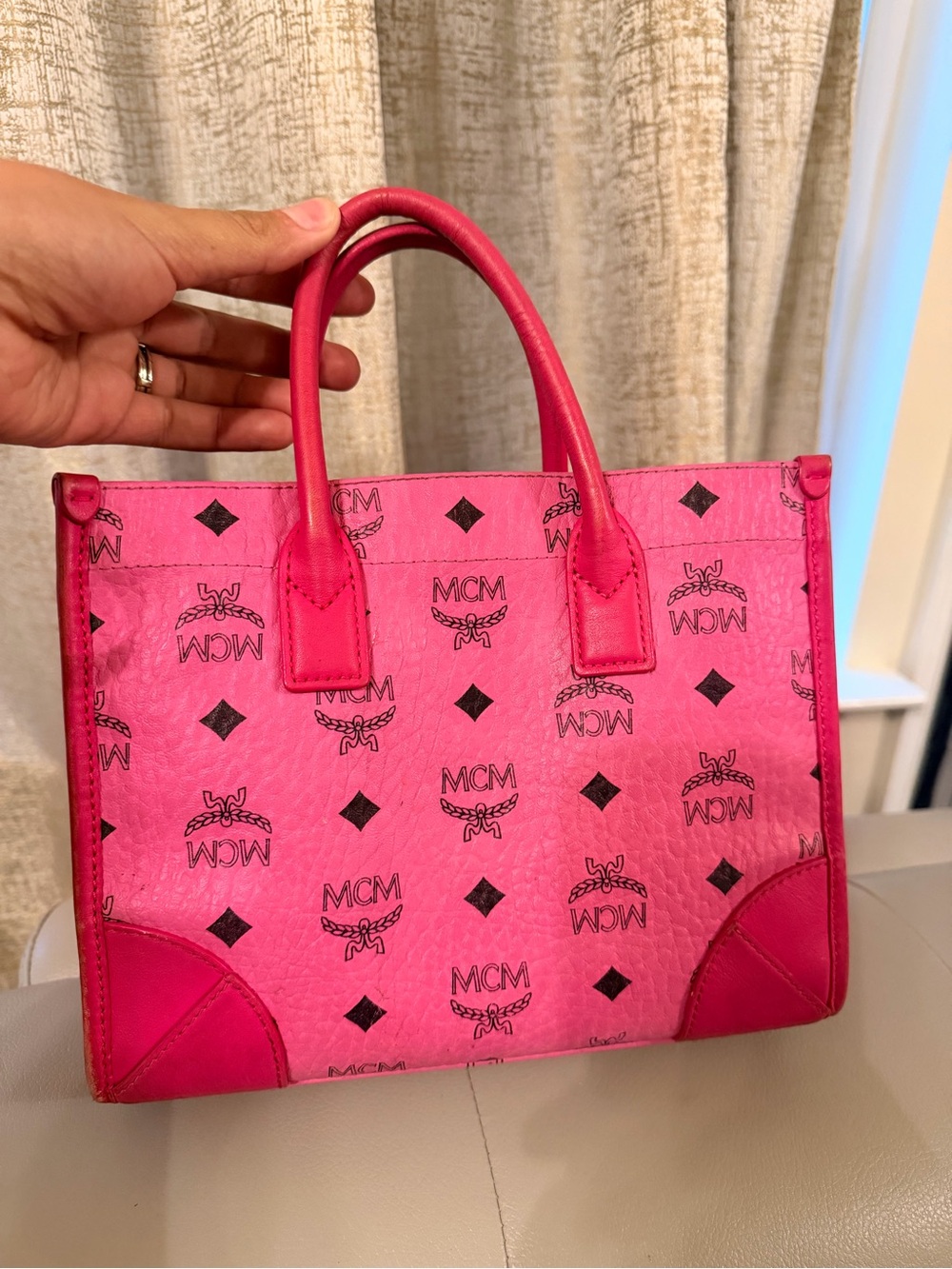MCM Hot Pink Logo Canvas Tote